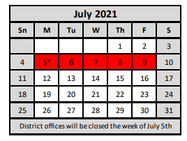 District School Academic Calendar for West Ward Elementary for July 2021