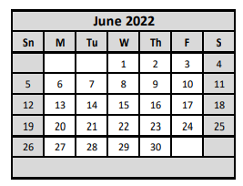 District School Academic Calendar for East Ward Elementary for June 2022