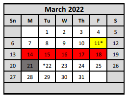District School Academic Calendar for Oveta Culp Hobby Elementary for March 2022