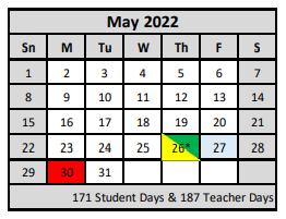 District School Academic Calendar for Pathways Learning Center for May 2022