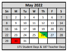 District School Academic Calendar for Cedar Valley Elementary for May 2022