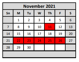 District School Academic Calendar for Cedar Valley Elementary for November 2021