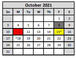 District School Academic Calendar for Palo Alto Middle School for October 2021