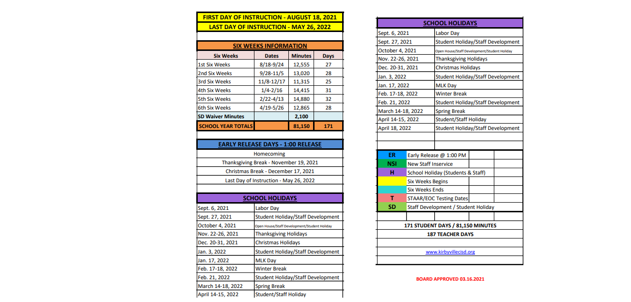 District School Academic Calendar Key for Kirbyville High School