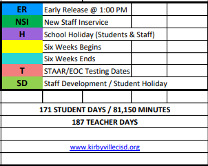 District School Academic Calendar Legend for Kirbyville Elementary