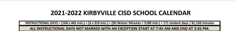 District School Academic Calendar for Kirbyville Elementary