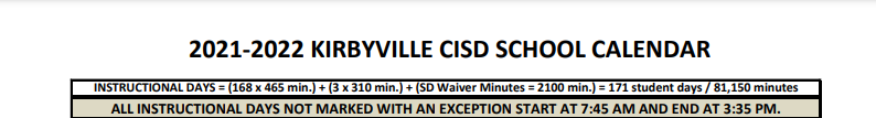 District School Academic Calendar for Kirbyville Junior High