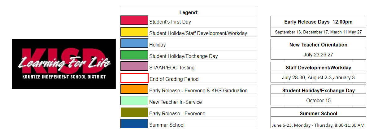 District School Academic Calendar Key for Kountze El