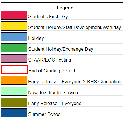 District School Academic Calendar Legend for Hardin Co Alter Ed