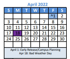 District School Academic Calendar for Krum High School for April 2022
