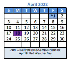 District School Academic Calendar for Denton Co J J A E P for April 2022