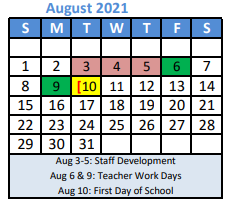 District School Academic Calendar for Dyer Elementary for August 2021