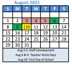 District School Academic Calendar for Denton Co J J A E P for August 2021