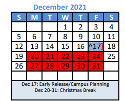 District School Academic Calendar for Denton Co J J A E P for December 2021