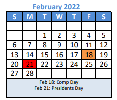 District School Academic Calendar for Denton Co J J A E P for February 2022