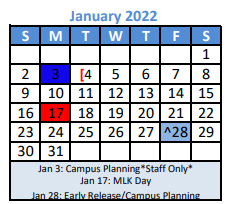 District School Academic Calendar for Dyer Elementary for January 2022