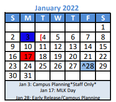 District School Academic Calendar for Denton Co J J A E P for January 2022