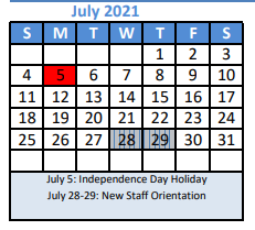 District School Academic Calendar for Denton Co J J A E P for July 2021