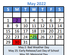 District School Academic Calendar for Denton Co J J A E P for May 2022