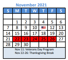 District School Academic Calendar for Denton Co J J A E P for November 2021