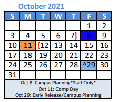 District School Academic Calendar for Denton Co J J A E P for October 2021