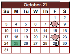 District School Academic Calendar for Sam Houston Elementary for October 2021