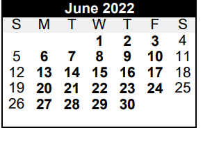 District School Academic Calendar for La Grange Int for June 2022