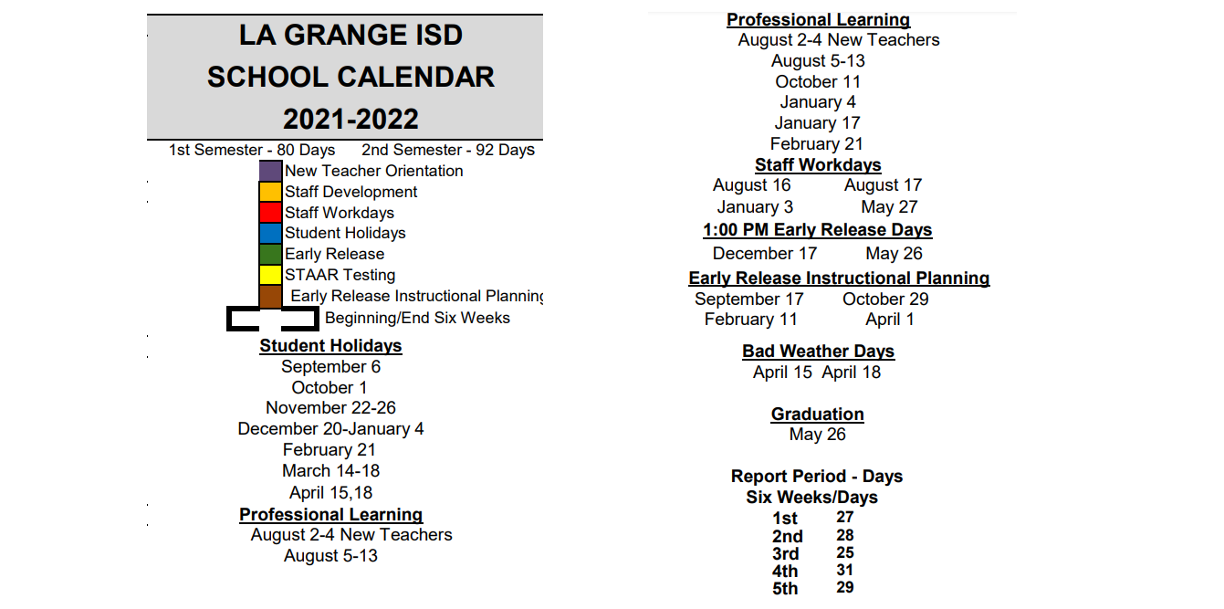District School Academic Calendar Key for La Grange Int