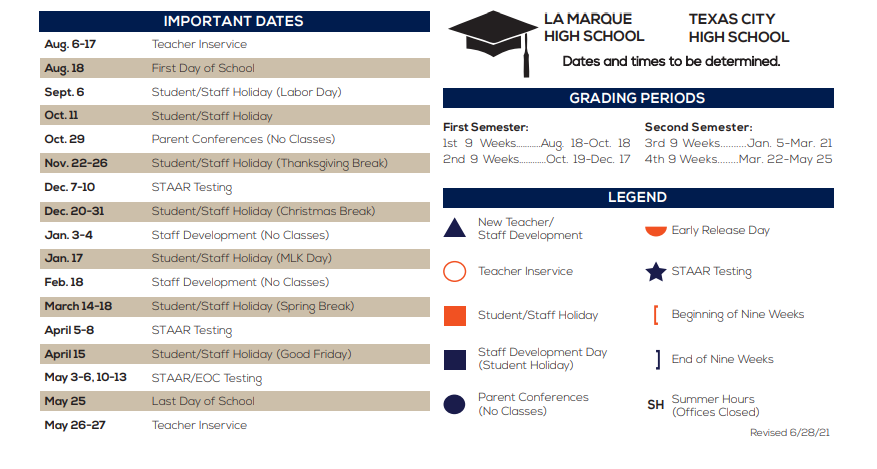 District School Academic Calendar Key for La Marque Middle
