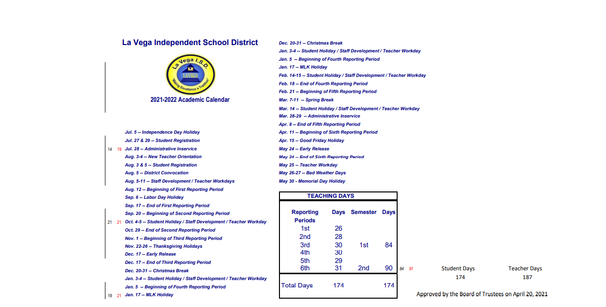 District School Academic Calendar Key for La Vega Elementary School