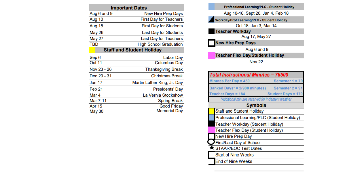 District School Academic Calendar Key for La Vernia Primary