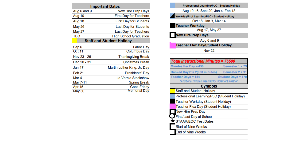 District School Academic Calendar Key for Floresville Choice Program