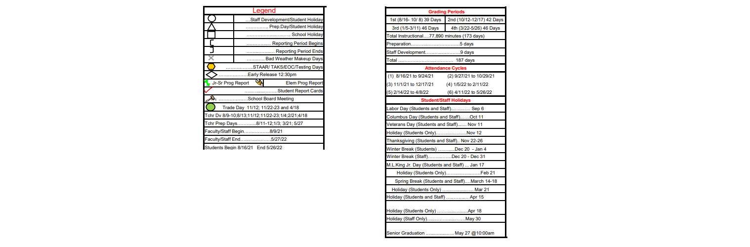 District School Academic Calendar Key for Virginia Allred Stacey Jr/sr H S