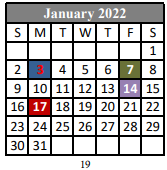 District School Academic Calendar for N. P. Moss Middle School for January 2022