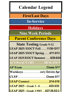 District School Academic Calendar Legend for C.A.P.S Continuing Academic Program School