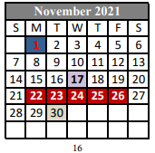 District School Academic Calendar for J.W. Faulk Elementary School for November 2021
