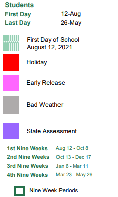 District School Academic Calendar Legend for Corinth Elementary