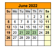 District School Academic Calendar for Hudson Bend Middle for June 2022