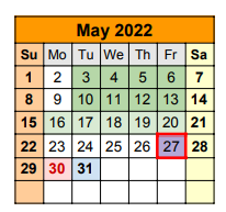 District School Academic Calendar for Travis Co J J A E P for May 2022