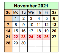 District School Academic Calendar for Hudson Bend Middle for November 2021