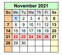 District School Academic Calendar for Travis Co J J A E P for November 2021