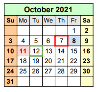 District School Academic Calendar for Travis Co J J A E P for October 2021