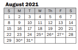 District School Academic Calendar for Best Sr High for August 2021