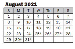 District School Academic Calendar for Mark Twain Elementary for August 2021