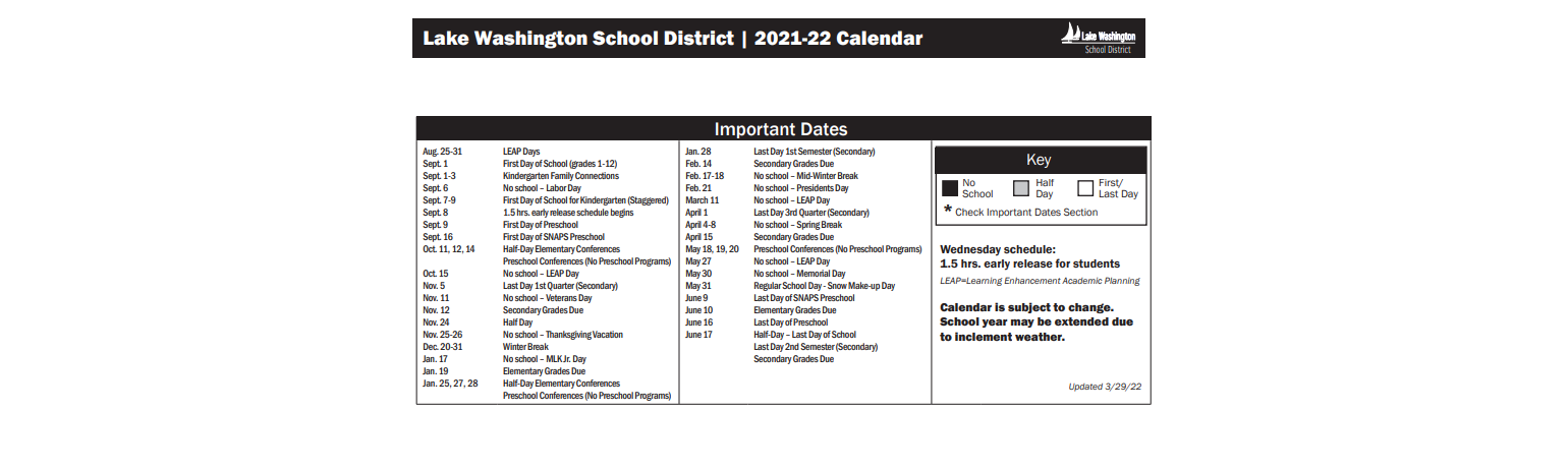 District School Academic Calendar Key for Family Learning Center