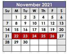 District School Academic Calendar for Tarrant Co Juvenile Justice Ctr for November 2021
