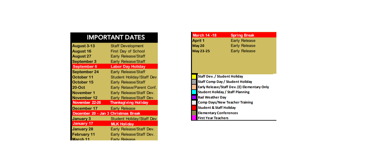District School Academic Calendar Key for Lamesa Middle
