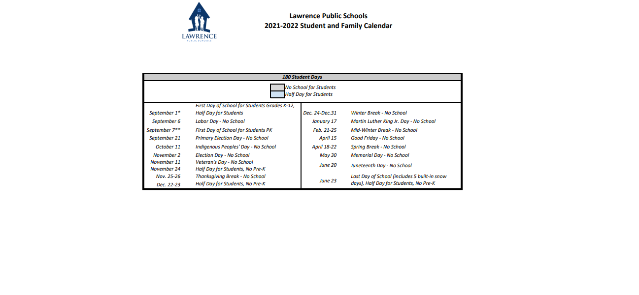 District School Academic Calendar Key for Lawrence West Jr Hi