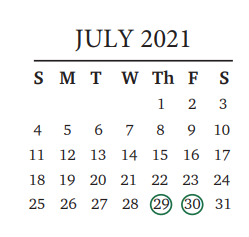 District School Academic Calendar for Cedar Park High School for July 2021