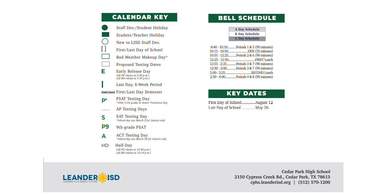 District School Academic Calendar Key for Cedar Park High School